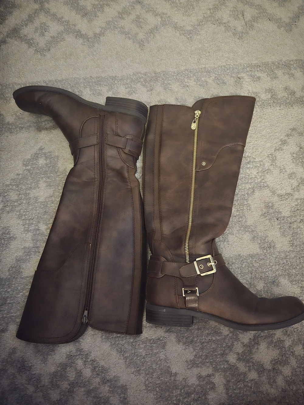 Y2K Guess Women's Over-the-Knee Brown Faux-Leather Boots with Side Zip
